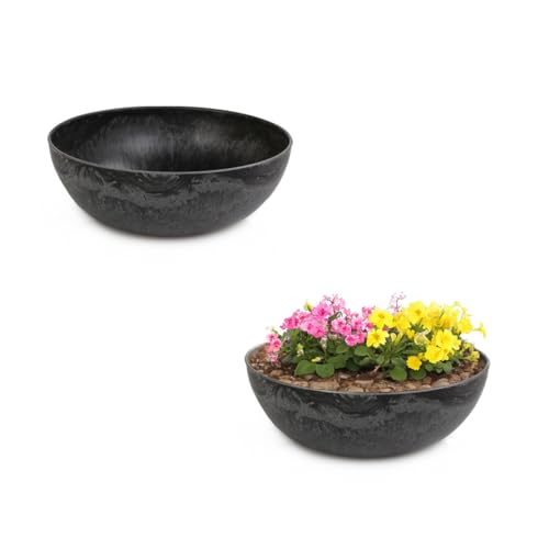 matches21 Pflanzschalen für draußen - 2 Vintage Dekoschalen schwarz marmoriert als Blumentopf Pflanztopf - Schale in 20 cm als Garten Vogeltränke Balkon-Deko oder Friedhof Grabschale von matches21 HOME & HOBBY