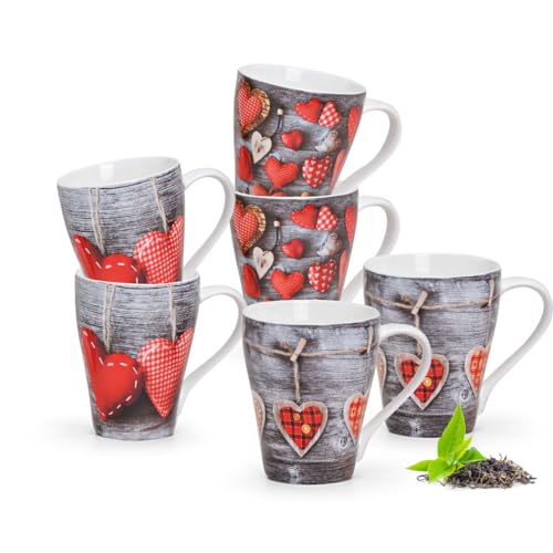 Schöne Tassen 6er Set mit Herzen in grau rot im Landhausstil - Bunte Porzellan Kaffeebecher für Cappuccino, Kaffee, Tee in 300ml - Außergewöhnliche Teetassen spülmaschinenfest und mikrowellengeeignet von matches21 HOME & HOBBY