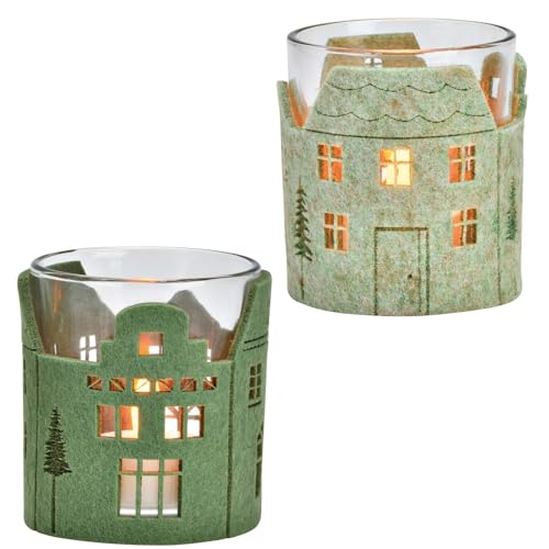matches21 Schöne Windlichter Set aus Glas als Weihnachtsdeko - Teelichtgläser mit Weihnachtsdorf aus Filz grün - Kerzenhalter skandinavische Deko für Innen Ø 7 x 8 cm von matches21 HOME & HOBBY