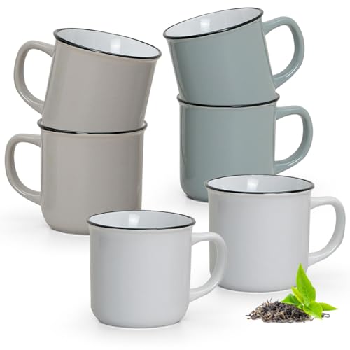 Moderne Tassen 6er Set Vintage Emaille Optik in weiß, braun, grau - Schönes 300 ml Keramik Tassenset für Kaffee, Cappuccino oder Teetassen - Süße Kaffeetassen spülmaschinenfest und mikrowellengeeignet von matches21 HOME & HOBBY