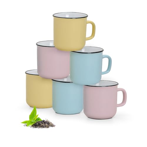 Moderne Tassen 6er Set Vintage Emaille Optik in gelb, blau, rosa - Schönes 300 ml Keramik Tassenset für Kaffee, Cappuccino oder Teetassen - Süße Kaffeetassen spülmaschinenfest und mikrowellengeeignet von matches21 HOME & HOBBY