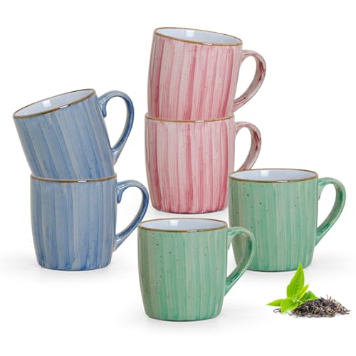 Moderne Tassen 6er Set in Vintage grün, blau, rot - Schöne 250ml Keramik Kaffeetassen für Kaffee, Cappuccino oder Teetassen - Bunte Tassenset spülmaschinenfest mikrowellengeeignet als süßes Geschenk von matches21 HOME & HOBBY