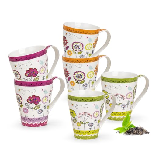 Schönes Tassen 6er Set bunte Blumen in orange, grün, pink - Moderne 300ml Porzellan Kaffeebecher für Cappuccino Kaffee Tee - Außergewöhnliche Kaffeetassen spülmaschinenfest und mikrowellengeeignet von matches21 HOME & HOBBY