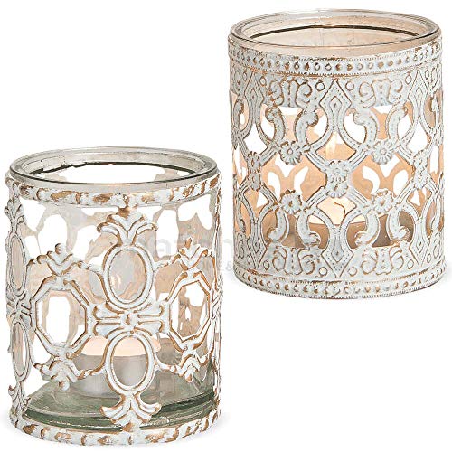 matches21 Teelichtgläser Kerzengläser Windlichter Glas & Metall Barock Ornamentmuster Vintage weiß 2er Set groß 10 cm von matches21 HOME & HOBBY