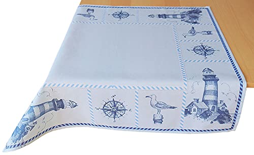 matches21 Tischdecke/Mitteldecke maritim mit Leuchtturm & Windrose & Möwe Tischwäsche blau weiß 85x85 cm Polyester von matches21 HOME & HOBBY