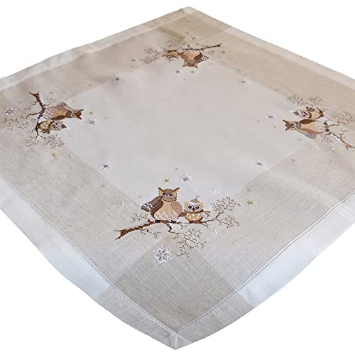 matches21 Tischdecke Lilian Eule Streifen Stick Heimtextilien Mitteldecke beige Ecru Polyester Leinen 1 STK 85x85 cm von matches21 HOME & HOBBY