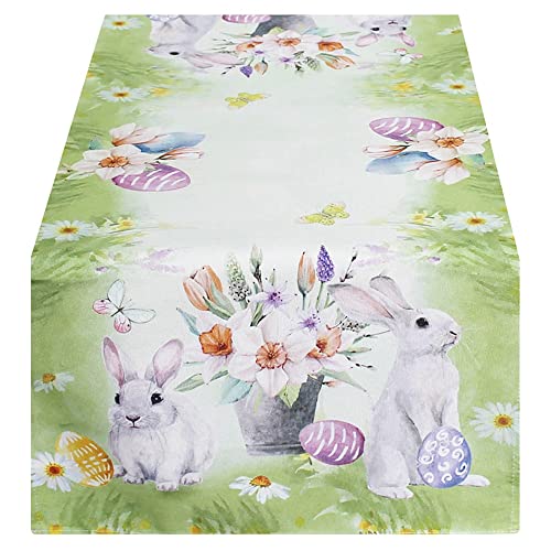 matches21 Tischläufer Mitteldecke Osterhasen Blumen & Bunte Eier Fotodruck Ostern beige bunt 1 STK 40x140 cm Polyester von matches21 HOME & HOBBY