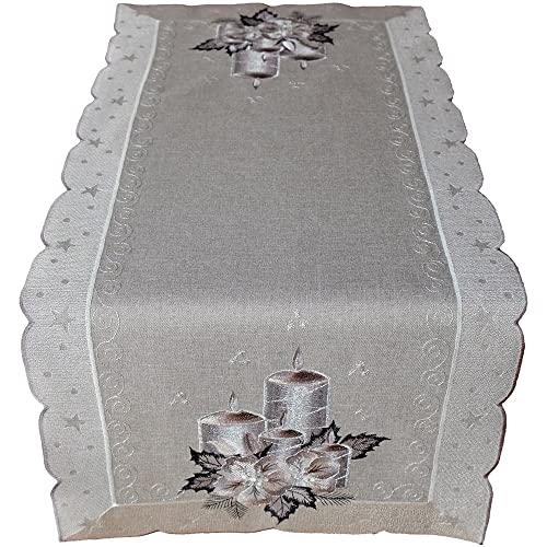 matches21 HOME & HOBBY Tischläufer Olivia 40 x 90 cm edle Stickerei mit Kerzen & Blättern Silber Mitteldecke Polyester von matches21 HOME & HOBBY