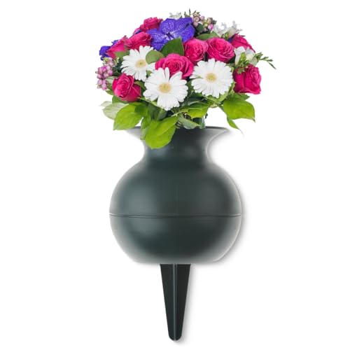 Grabvase zum Stecken als frostsichere Grabdeko - Grüne Kugelform Friedhofs-Vase in 27 cm als wetterfester Kunststoff Grabschmuck - Erdspieß Blumenvase als schöne Steckvasen von matches21 HOME & HOBBY