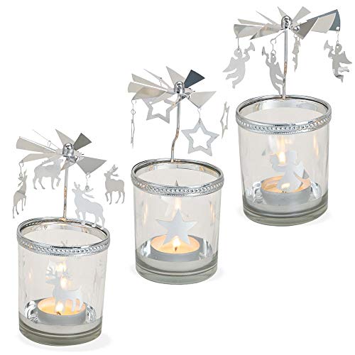matches21 Windlichter Kerzengläser Teelichtgläser mit Karussell rotierend Mobile Silber Metall Glas 3er-Set sort Ø 8x7 cm von matches21 HOME & HOBBY