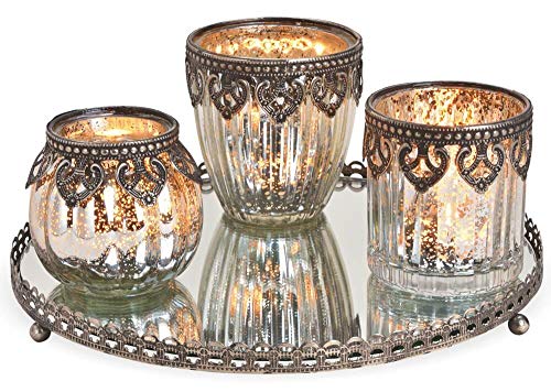 matches21 Windlichter Teelichtgläser 3er Set Kerzengläser auf Spiegeltablett Orient Design Silber aus Glas & Metallrand matches21 Windlichter Teelichtgläser 3er Set Kerzengläser auf Spiegeltablett Orient Design Silber aus Glas & Metallrand von matches21 HOME & HOBBY