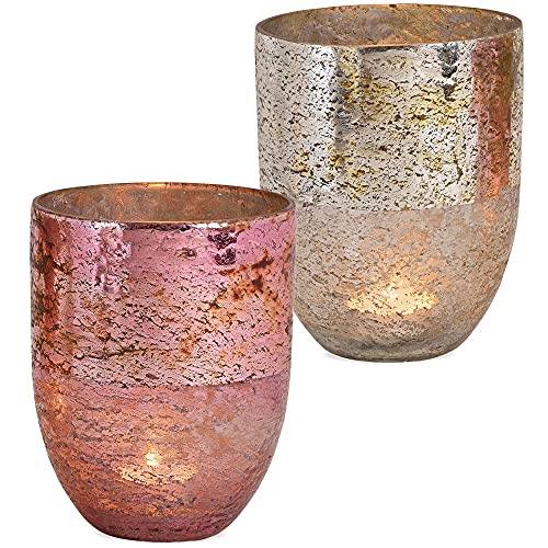 matches21 Windlichter Teelichtgläser Kerzengläser Shabby Bauernsilber Glaswindlicht glänzend Creme & rosa 2er Ø 12x15 cm von matches21 HOME & HOBBY