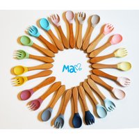Kinderbesteck Babybesteck Personalisiert. Babygeschenk, Kindergeschenk. Löffel Und Gabel Aus Silikon Holz Personalisiert von matoysde
