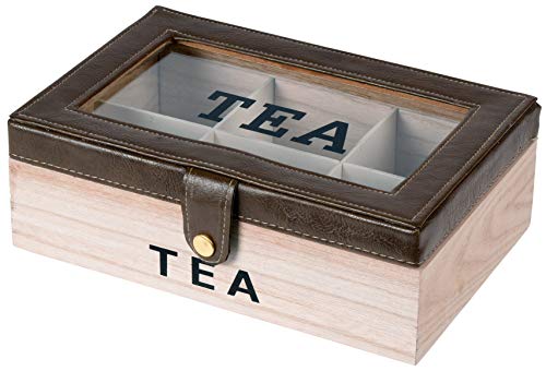 Teebox mit Fenster & Kunstleder-Verschluss - 6 Fächer Teekiste Teedose 23x15x8cm Dunkelbraun von matrasa