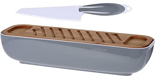 matrasa Brotdose inkl. Keramik Brotmesser & Schneidbrett für Ciabatta Baguette 40x12,5x8,5cm hellgrau von matrasa