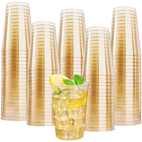 mauepersu 50 Stück Plastikbecher mit Glitzer Gold, 350ml Becher aus Kunststoff Wiederverwendbare Trinkbecher Elegante Party Weingläser für Champagner Bier Cocktail Martini Soda Dessert von mauepersu