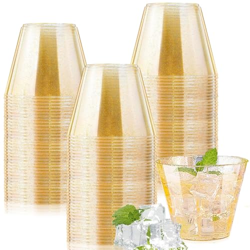 mauepersu 50 Stück Plastikbecher mit Golden, 250ml Becher aus Kunststoff Wiederverwendbare Trinkbecher Elegante Party Weingläser für Champagner Bier Cocktail Martini Soda Dessert (Glitzer Gold) von mauepersu