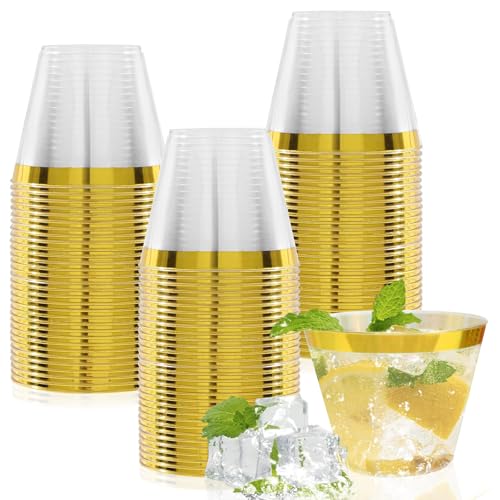 mauepersu 50 Stück Plastikbecher mit Golden, 250ml Becher aus Kunststoff Wiederverwendbare Trinkbecher Elegante Party Weingläser für Champagner Bier Cocktail Martini Soda Dessert (Gold) von mauepersu