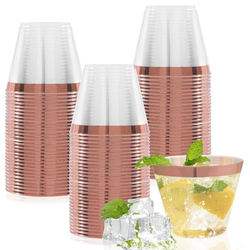 mauepersu 50 Stück Plastikbecher mit Golden, 250ml Becher aus Kunststoff Wiederverwendbare Trinkbecher Elegante Party Weingläser für Champagner Bier Cocktail Martini Soda Dessert (Roségold) von mauepersu
