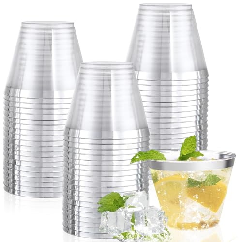 mauepersu 50 Stück Plastikbecher mit Golden, 250ml Becher aus Kunststoff Wiederverwendbare Trinkbecher Elegante Party Weingläser für Champagner Bier Cocktail Martini Soda Dessert (Silber) von mauepersu