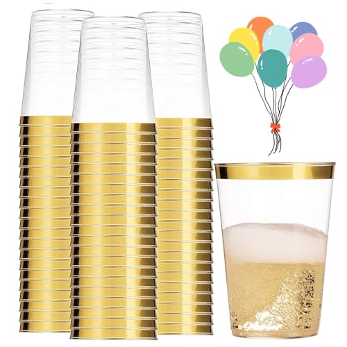 mauepersu 50 Stück Plastikbecher mit Golden, 280ml Becher aus Kunststoff Wiederverwendbare Trinkbecher Elegante Party Weingläser für Champagner Bier Cocktail Martini Soda Dessert (Gold) von mauepersu