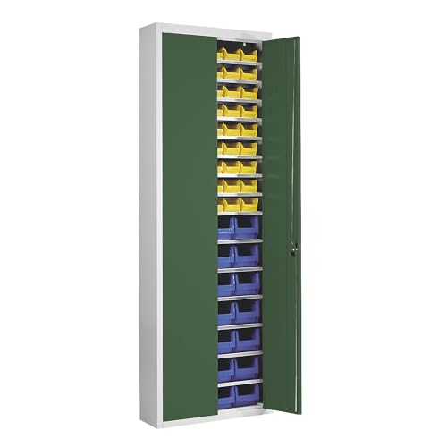 Mauser | Magazinschrank mit Sichtlagerkästen | HxBxT 2150 x 680 x 280 mm | zweifarbig | Korpus grau | Türen grün | 82 Kästen von mauser