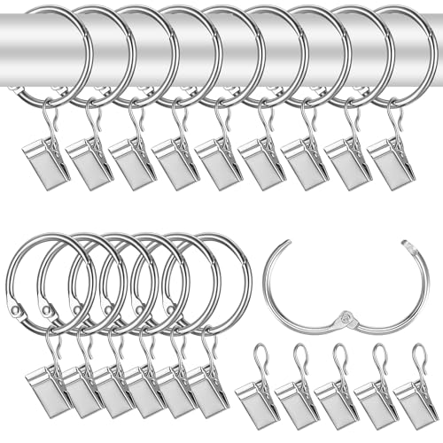 42 Stück Gardinenringe mit Clips, 32mm Metall Vorhangringe mit Clips, Gardinenringe mit Haken, Duschvorhang Ringe mit Clips, Hängend Vorhang Ringe für Fenster Duschvorhänge Gardinen Clips, Silber von mauuuba
