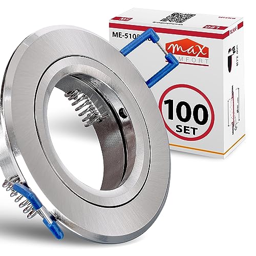 max K O M F O R T 100er SET Einbaustrahler SET Edelstahl-Optik mit GU10 Fassung RUND Klickverschluß Einbauleuchte Einbauspot LED/Halogen Rahmen Rostfrei Deckenspot Strahler Spot 5105 von max K O M F O R T