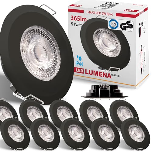 max K O M F O R T 12x LED Bad Einbaustrahler IP44 Ultraflach 5 Watt Schwarz 230V Rund warmweiß Deckenstrahler Spot Deckenspot Lumena von max K O M F O R T