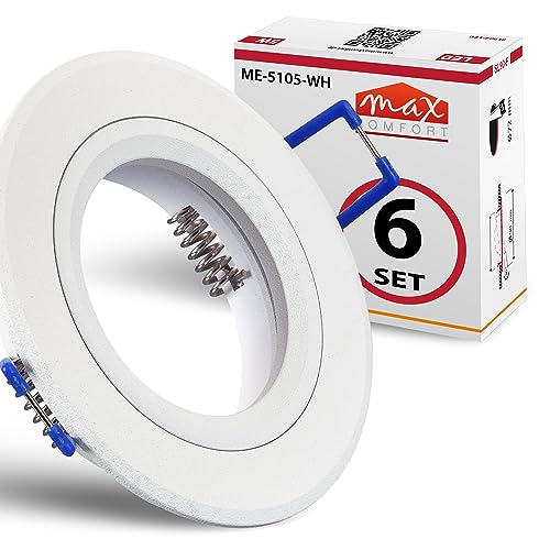 max K O M F O R T 6x Hochwertiger Einbaustrahler weiß für MR16 LED leuchtmittel + GU10 Fassung 230V rund Einbauleuchte Einbauspot Rahmen Rostfrei Deckenspot Strahler Spot 5105-WH von max K O M F O R T