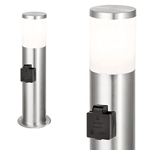 max K O M F O R T Standleuchte Außenleuchte Wegbeleuchtung E27 Edelstahl-Optik mit Steckdose IP44 Außenbeleuchtung Garten moderne 60cm Standlampe aus Edelstahl 296A-600SN von max K O M F O R T