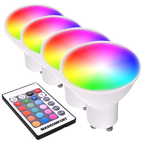 max K O M F O R T 4x RGB LED Leuchtmittel GU10 4,2W warmweiß+RGBW Fernbedienung dimmbar + Farbsteuerung über Fernbedienung (4x GU10-4,2 Watt) von max K O M F O R T