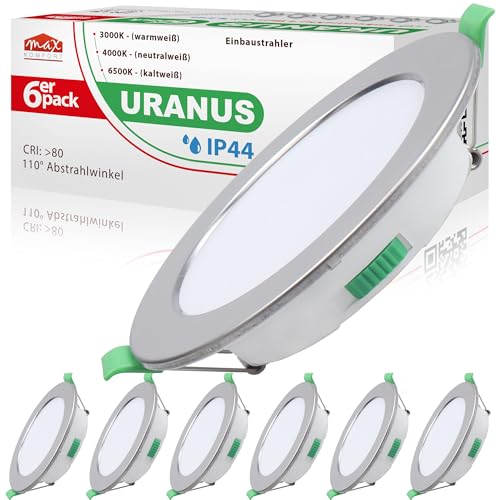max K O M F O R T 6x Bad Einbaustrahler LED flach10W URANUS | IP44 110° 1050 LM 125mm | Warmweiß Neutralweiß Kaltweiß | Feuchtraum LED Spot Küche Dusche Panel von max K O M F O R T