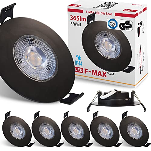 max K O M F O R T 6x LED Bad Einbaustrahler 3-Step Dimmbar IP44 Ultraflach 5 Watt Schwarz 230V Rund warmweiß Deckenstrahler Spot Deckenspot Badbeleuchtung SET FMAX von max K O M F O R T