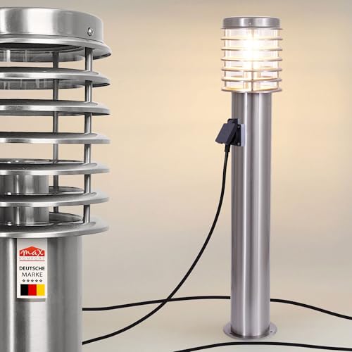 max K O M F O R T Wegeleuchte mit Steckdose E27 80 cm Edelstahl Glas Gartenlampen für draußen strom IP44 Gartenlampe Wegbeleuchtung Gartenleuchte 252D-800SN-SD von max K O M F O R T
