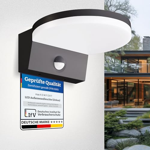 max K O M F O R T LED Aussenwandleuchte ZIRKON mit Bewegungsmelder in schwarz | 15 Watt IP65 1600 Lumen neutralweiß | Ausenleuchte, Eingansleuchte, Leuchte rund von max K O M F O R T