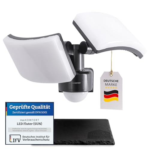 max K O M F O R T LED Außenwandleuchte mit Bewegungsmelder Fluter Schwarz Schwenkbar | 40W Neutralweiß 4000K IP65 3200lm | Eckmontage | Steuerung bis 500W | SUN3200 von max K O M F O R T