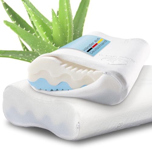 ELONEO 2er-Set Nackenstützkissen individueller Härtegrad 4-fache Höhenanpassung 3D-Abstandsgewebe, Kopfkissen mit Memory Foam inkl. Aloe Vera Klima-Bezug 50 x 35 cm, Viskoschaum von ELONEO