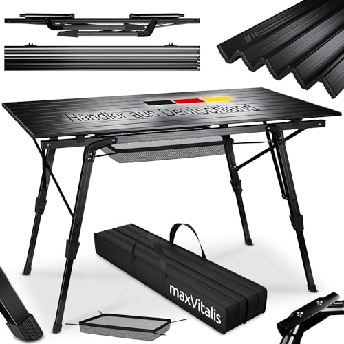 maxVitalis Campingtisch klappbar, Aluminium Camping Tisch, Klapptisch faltbar, Outdoor Falttisch höhenverstellbar, inkl. praktischer Tragetasche bis 30 kg (schwarz) von maxVitalis