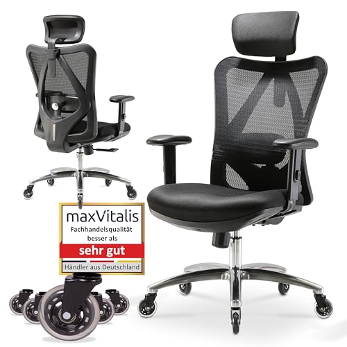 maxVitalis Bürostuhl, Drehstuhl, Chefsessel, höhenverstellbarer Schreibtischstuhl in schwarz mit ergonomischer Rückenlehne und Kopfstütze, mit Bodenrollen für alle Böden, geeignet bis 150 kg von maxVitalis