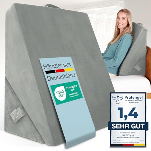 maxVitalis Multifunktions-Keilkissen Rückenkissen Kniestütze Beinablage Venenkissen für Couch und Sofa, Lesekissen, Größe B55 x H56 x L30,5 cm, grau, (ohne Nackenrolle) von maxVitalis