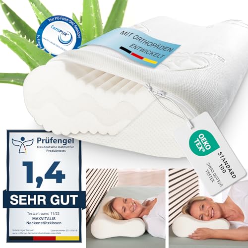 maxVitalis Nackenstützkissen 4-fache Höhenanpassung orthopädisches Nackenkissen, ergonomisches Kopfkissen anatomisches Kissen mit Memory Foam inkl. Aloe Vera Klima-Bezug 50 x 35 cm, Viskoschaum von maxVitalis