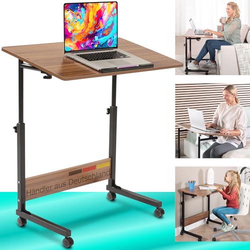 maxVitalis mobiler Laptoptisch Schreibtisch Computertisch Pflegetisch höhenverstellbar mit Rollen, Tischplatte neigbar, Multifunktionaler Beistelltisch für Bett Sofa Couch, Laptopständer (Holz-Optik) von maxVitalis