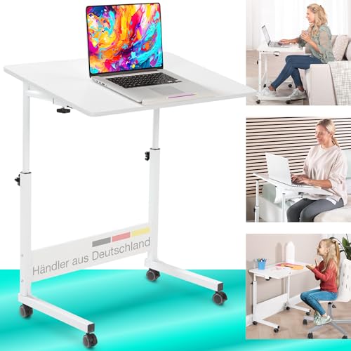 maxVitalis mobiler Laptoptisch Schreibtisch Computertisch Pflegetisch höhenverstellbar mit Rollen, Tischplatte neigbar, Multifunktionaler Beistelltisch für Bett Sofa Couch, Laptopständer (Weiß) von maxVitalis