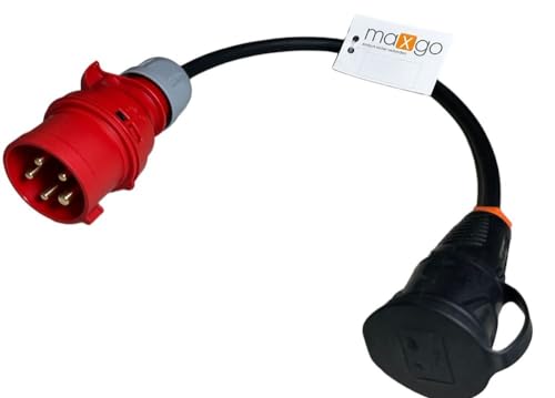 Adapter-Kabel CEE Stecker 5-polig 16A 400V Starkstrom auf Schuko Kupplung 230V 16A IP44 H07RN-F 3G2,5mm² Gummischlauchleitung 0,5m von maxgo
