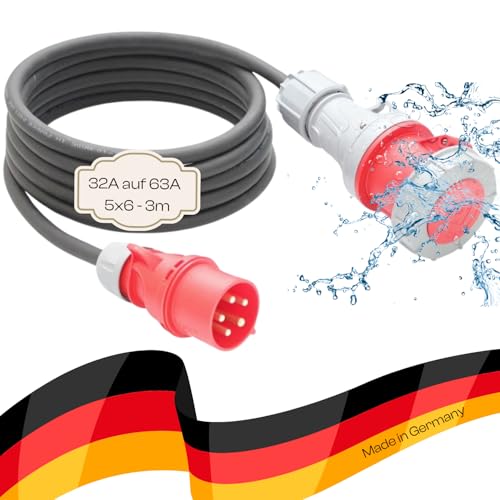 maxgo Adapterleitung für Starkstrom CEE Verlängerungskabel H07RN-F 5G6mm² 32A Stecker auf 63A Kupplung zum Anschluss von schweren Maschinen, und Werkzeugen (3) von maxgo