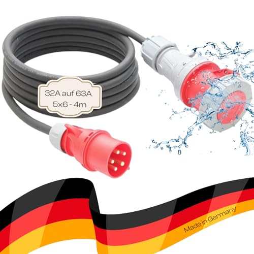 maxgo Adapterleitung für Starkstrom CEE Verlängerungskabel H07RN-F 5G6mm² 32A Stecker auf 63A Kupplung zum Anschluss von schweren Maschinen, und Werkzeugen (4) von maxgo