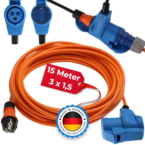 Camping Adapter 15m Mit CEE Winkelkupplung Und Integrierter Schuko Steckdose H07BQ-F Kabel 3x1,5 Verlängerungskabel Strom Kabel Wohnmobil Wohnwagen Caravan Landstromanschluss von maxgo