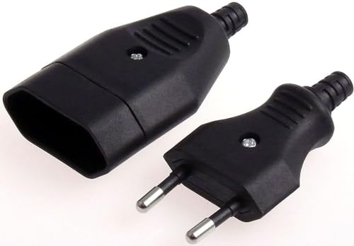 Eurostecker Eurokupplung Flach 2-polig Euro flacher Stecker und Kupplung Flachstecker Flachkupplung Buche Stromstecker zum Schrauben 220V 2,5A in Farben Schwarz TYP:SET Stecker+Kupplung schwarz von maxgo
