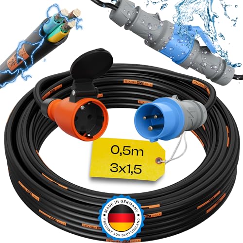 maxgo 0,5m Camping Adapter CEE auf Schuko 230v 16a 3x1,5 TITANEX Stromadapter Stromkabel Landstromanschluss Adapterkabel Verlängerungskabel Kabel Wohnmobil Schukostecker Mennekes Campingkupplung von maxgo